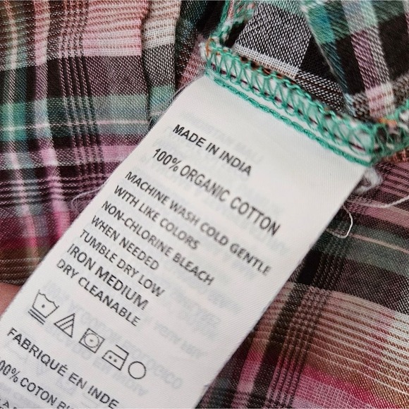 Prana Shirt Women's Medium 100% Organic Cotton Pink Plaid Multi-Color EUC - Picture 3 of 6